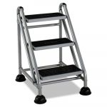 Rolling Commercial Step Stool, 3-Step, 26.6 Spread, Platinum/Black