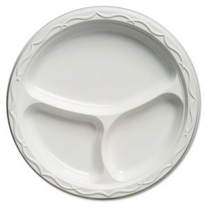 Aristocrat Plastic Plates, 10 1/4 Inches, White, Round, 3 Compartments, 125/Pack