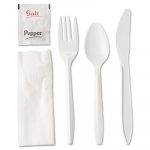 Wrapped Cutlery Kit, Fork/Knife/Spoon/Napkin/Salt/Pepper, White, 250/Carton