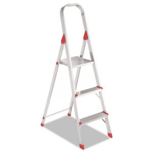 Aluminum Euro Platform Ladder, 8 ft Working Height, 200 lbs Capacity, 3 Step, Aluminum/Red