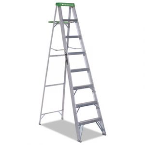 Aluminum Step Ladder, 8 ft Working Height, 225 lbs Capacity, 7 Step, Aluminum/Green
