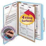 Four-Section Pressboard Top Tab Classification Folders w/ SafeSHIELD Fasteners, 1 Divider, Letter Size, Blue, 10/Box