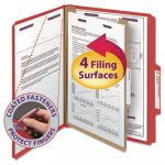 Four-Section Pressboard Top Tab Classification Folders w/ SafeSHIELD Fasteners, 1 Divider, Letter Size, Bright Red, 10/Box