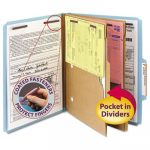6-Section Pressboard Top Tab Pocket-Style Classification Folders w/ SafeSHIELD Fasteners, 2 Dividers, Letter, Blue, 10/BX