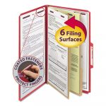 Six-Section Pressboard Top Tab Classification Folders w/ SafeSHIELD Fasteners, 2 Dividers, Legal Size, Bright Red, 10/Box