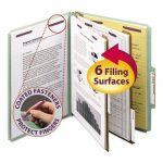 Pressboard Classification Folders w/ SafeSHIELD Coated Fasteners, 2/5 Cut, 2 Dividers, Letter Size, Gray-Green, 10/Box