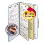 Six-Section Pressboard Top Tab Classification Folders w/ SafeSHIELD Fasteners, 2 Dividers, Legal Size, Blue, 10/Box