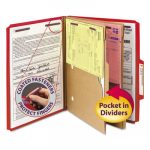6-Section Pressboard Top Tab Pocket-Style Classification Folders w/ SafeSHIELD Fasteners, 2 Dividers, Letter, Red, 10/BX
