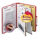 Six-Section Pressboard Top Tab Classification Folders w/ SafeSHIELD Fasteners, 2 Dividers, Letter Size, Bright Red, 10/Box