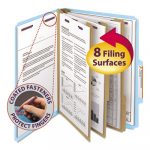 Eight-Section Pressboard Top Tab Classification Folders w/ SafeSHIELD Fasteners, 3 Dividers, Letter Size, Blue, 10/Box