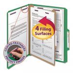 Four-Section Pressboard Top Tab Classification Folders w/ SafeSHIELD Fasteners, 1 Divider, Letter Size, Green, 10/Box