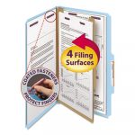 Four-Section Pressboard Top Tab Classification Folders w/ SafeSHIELD Fasteners, 1 Divider, Legal Size, Blue, 10/Box