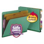 End Tab Colored Pressboard Classification Folders w/ SafeSHIELD Coated Fasteners, 2 Dividers, Letter Size, Green, 10/Box