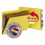 End Tab Colored Pressboard Classification Folders w/ SafeSHIELD Coated Fasteners, 2 Dividers, Legal Size, Yellow, 10/Box
