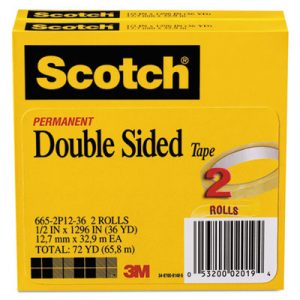 665 Double-Sided Tape, 1/2" x 1296", 3" Core, Transparent, 2/Pack