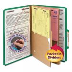6-Section Pressboard Top Tab Pocket-Style Classification Folders w/ SafeSHIELD Fasteners, 2 Dividers, Legal, Green, 10/BX