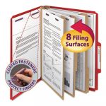 Eight-Section Pressboard Top Tab Classification Folders w/ SafeSHIELD Fasteners, 3 Dividers, Letter Size, Bright Red, 10/Box