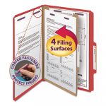 Four-Section Pressboard Top Tab Classification Folders w/ SafeSHIELD Fasteners, 1 Divider, Legal Size, Bright Red, 10/Box
