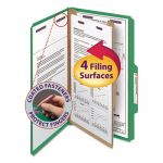 Four-Section Pressboard Top Tab Classification Folders w/ SafeSHIELD Fasteners, 1 Divider, Legal Size, Green, 10/Box