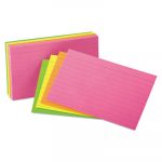 Ruled Index Cards, 3 x 5, Glow Green/Yellow, Orange/Pink, 100/Pack