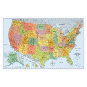 U.S. Physical/Political Map, Dry Erase, Single Roller Mounted, 50 x 32