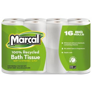 100% Recycled Two-Ply Bath Tissue, White, 16 Rolls/Pack