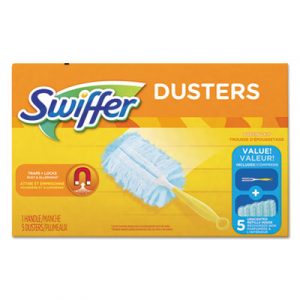 Dusters Starter Kit, Dust Lock Fiber, 6" Handle, Blue/Yellow, 6/Carton