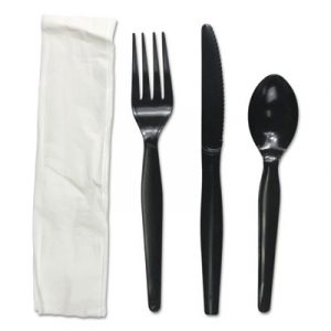 Four-Piece Cutlery Kit, Fork/Knife/Napkin/Teaspoon, Black, 250/Carton