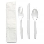Four-Piece Cutlery Kit, Fork/Knife/Napkin/Teaspoon, White, 250/Carton