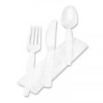 Wrapped Tableware/Napkin Packets, Fork/Knife/Spoon/Napkin, White, 250/Carton