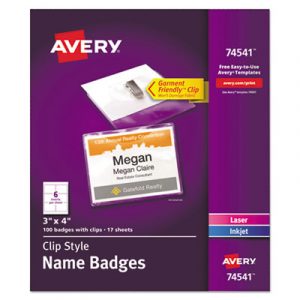 Clip-Style Name Badge Holder with Laser/Inkjet Insert, Top Load, 4 x 3, White, 100/Box