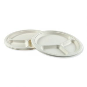 Bagasse Molded Fiber Dinnerware, 3-Compartment Plate, 10" Diameter, White, 500/Carton
