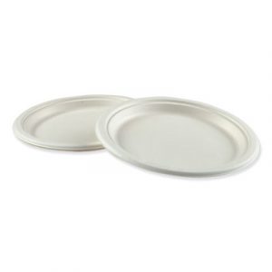 Bagasse Molded Fiber Dinnerware, Plate, 9" Diameter, White, 500/Carton