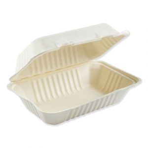 Bagasse Molded Fiber Food Containers, Hinged-Lid, 1-Compartment 9 x 6, White, 250/CT