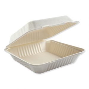 Bagasse Molded Fiber Food Containers, Hinged-Lid, 1-Compartment 9 x 9, White, 200/CT
