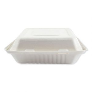Bagasse Molded Fiber Food Containers, Hinged-Lid, 3-Compartment 9 x 9, White, 200/CT